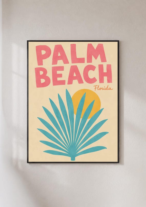Palm Beach Florida Poster Retro Travel Wall Art Tropical Sun Leaf Print