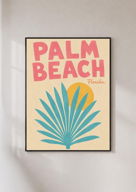 Palm Beach Florida Retro Palm Leaf Sun Tropical Beach Travel Poster