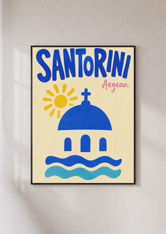 Santorini Greece Aegean Blue Dome Church Sun Waves Travel Poster