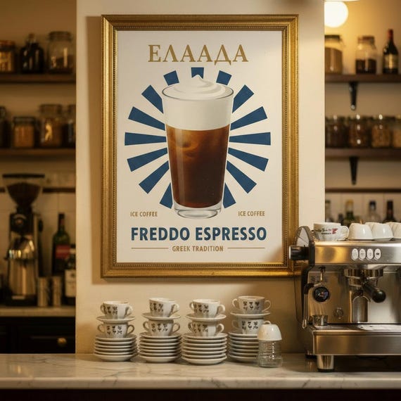 Greek Coffee Print Freddo Espresso Wall Art Vintage Drink Poster Kitchen Decor