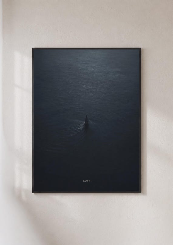 Jaws Movie Poster Minimalist Shark Fin Dark Ocean Wall Art Cinema Print