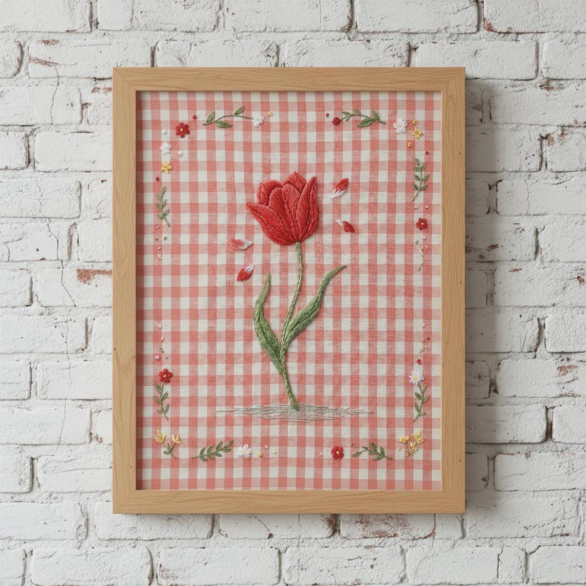 Red Tulip Embroidery on Pink Gingham Cottage Floral Art Print