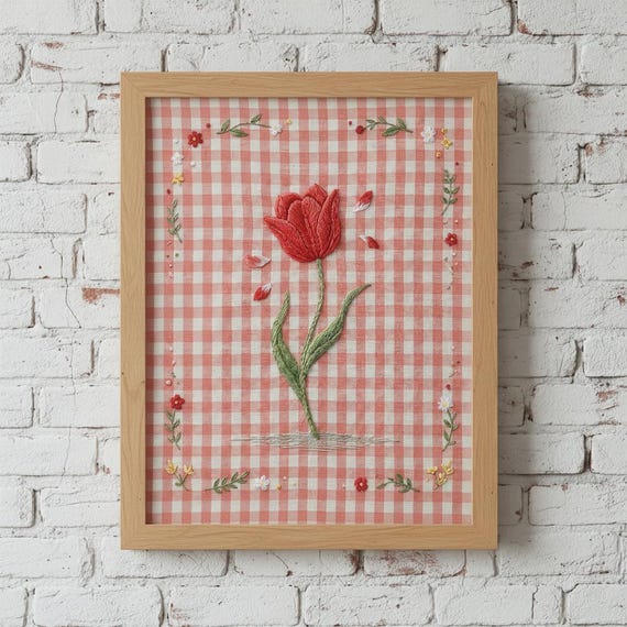 Embroidered Tulip Print Botanical Cottagecore Wall Art Gingham Background