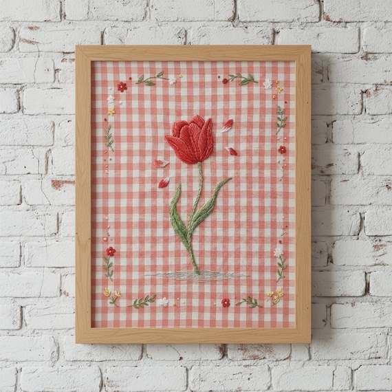 Red Tulip Embroidery on Pink Gingham Cottage Floral Art Print