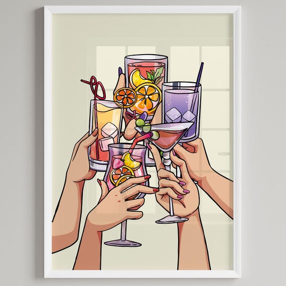 Cheers Restaurant Bar Cart Poster Beverage And Drinking Print Prost Salud Cin Chin Illustration Cocktail