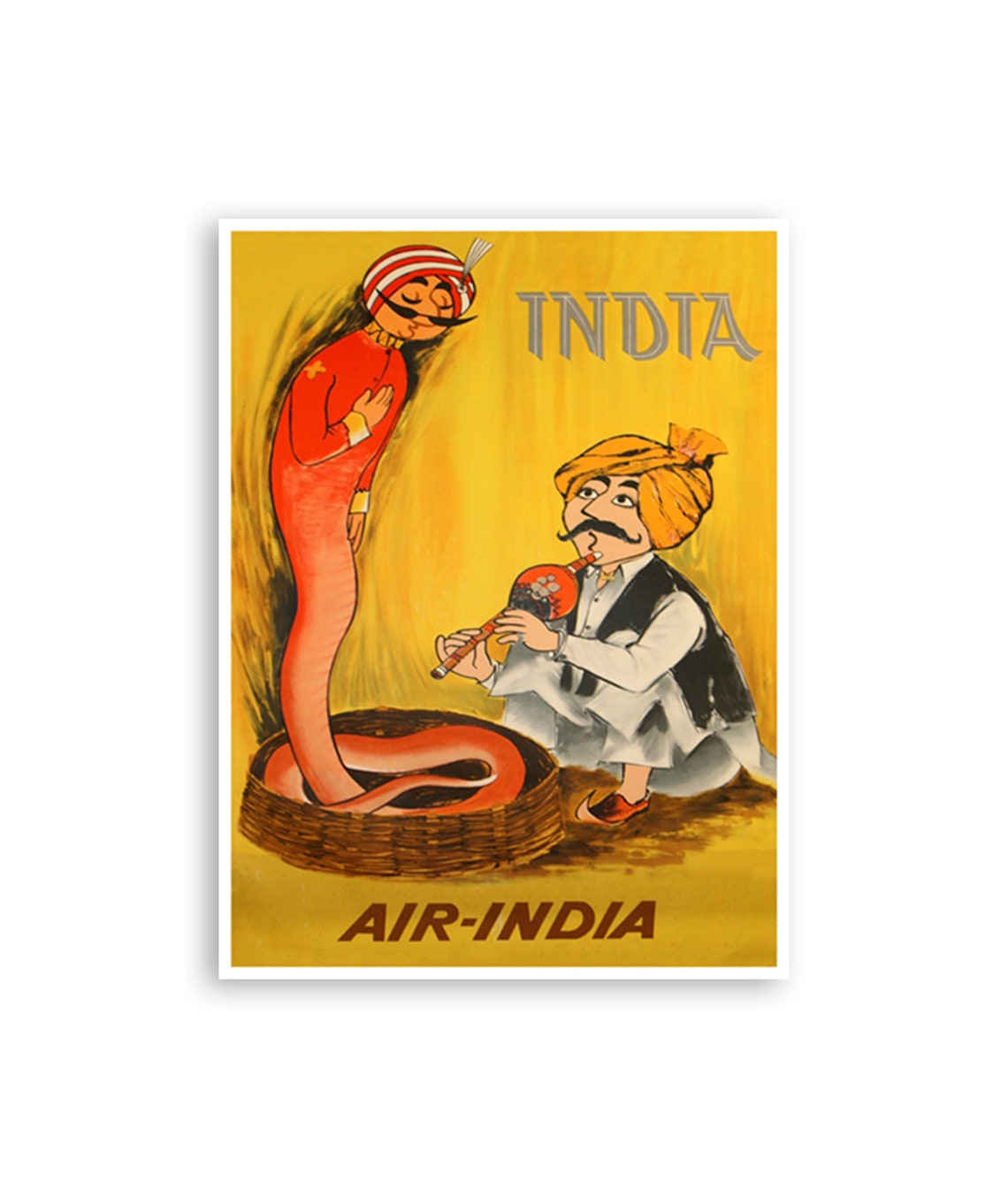 India Air India Snake Charmer Flute Cobra Golden Vintage Poster