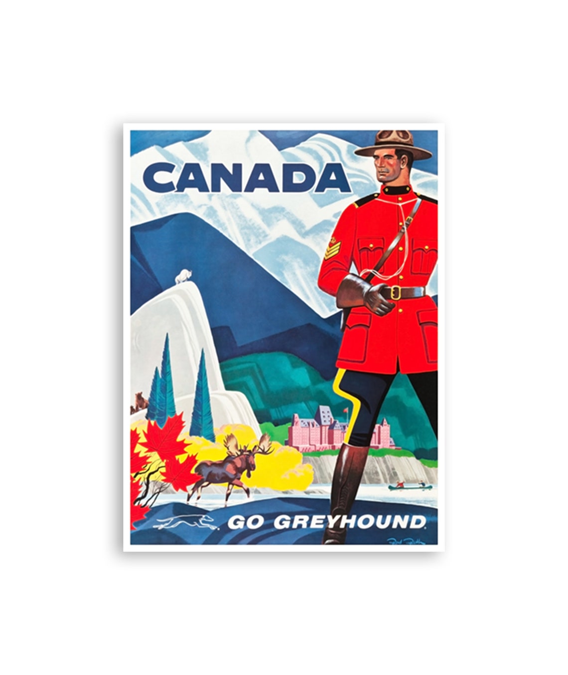 Canada Go Greyhound Vintage Travel Poster Mountie Mountains and Moose