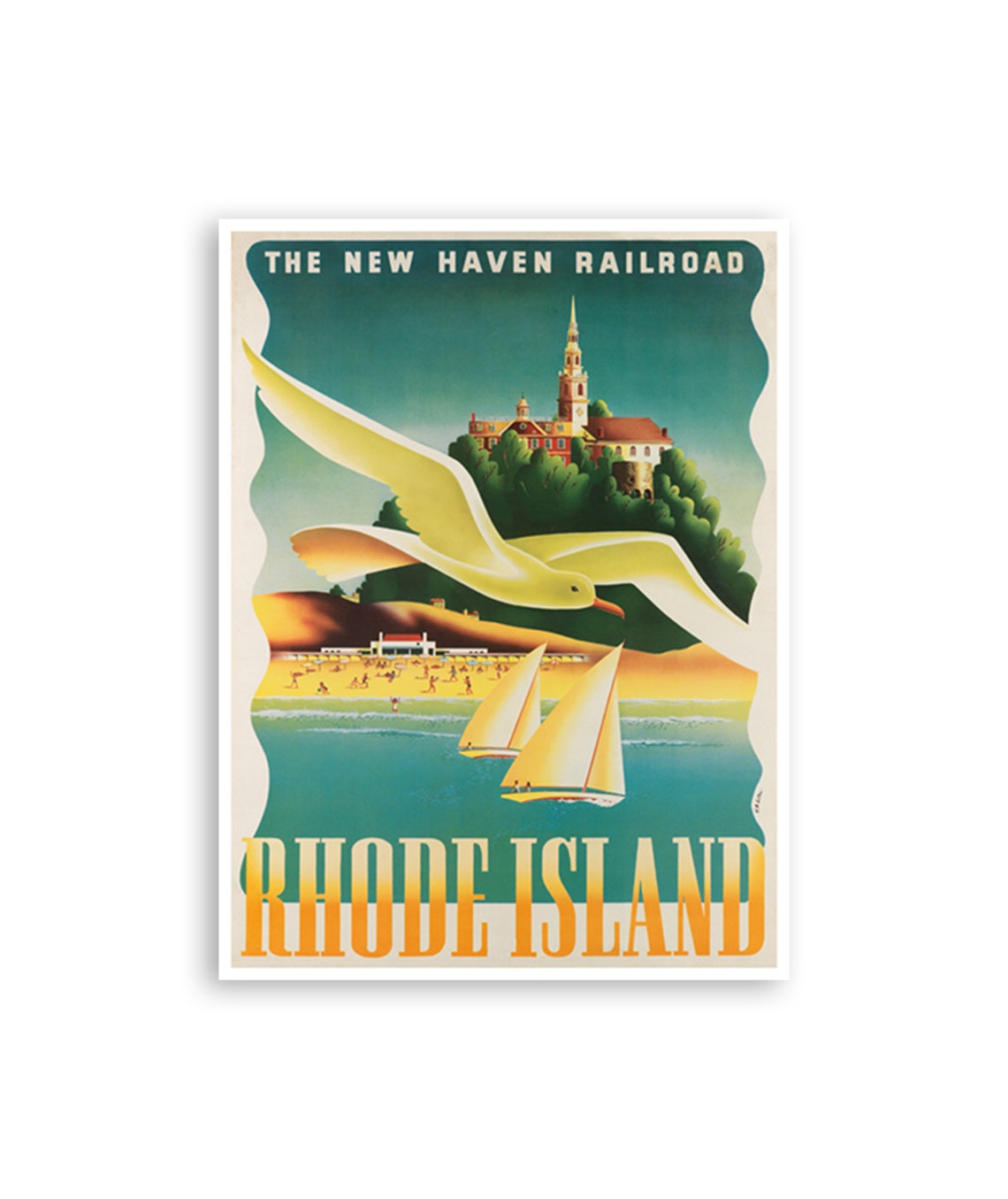 Rhode Island New Haven Railroad Sailboat Coast Vintage Poster
