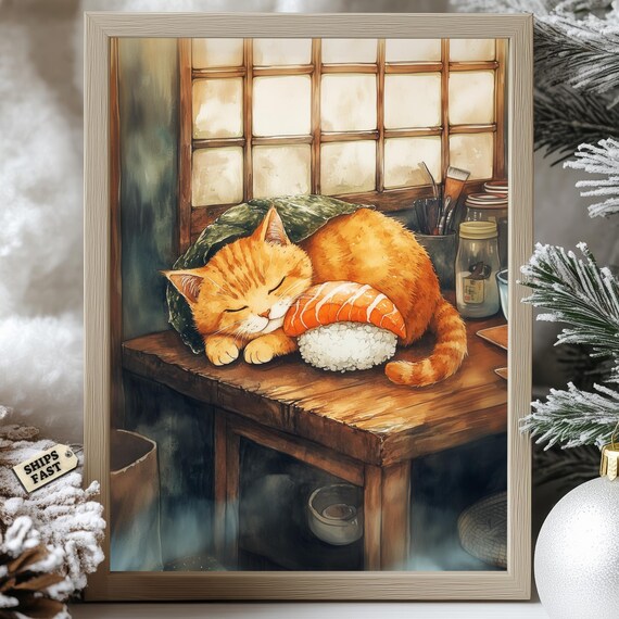 Orange Cat Sleeping Like Sushi With Salmon Slice On Counter Poster