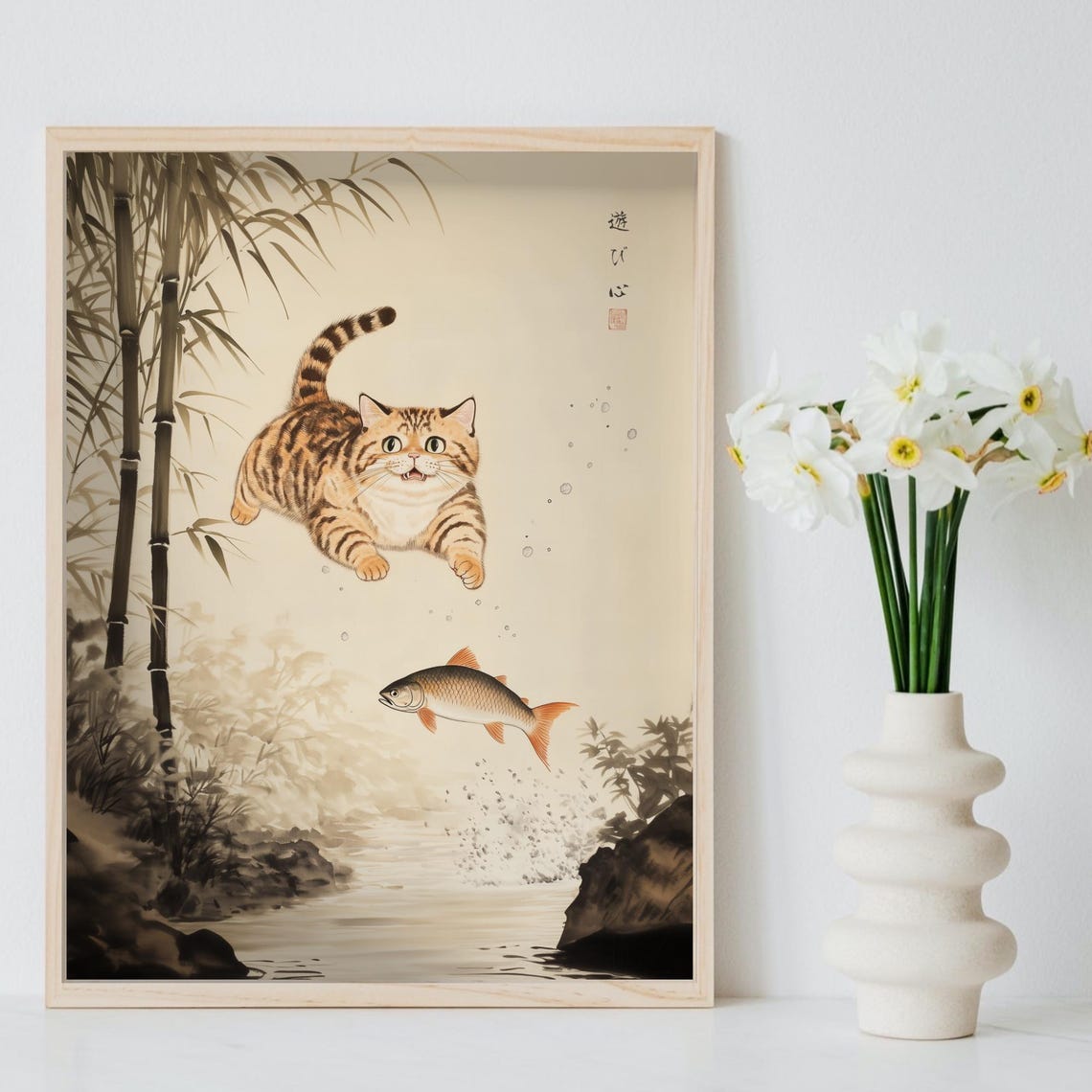 Orange Tabby Cat Diving Down Toward A Fish In Bamboo Grove Poster - Image 8