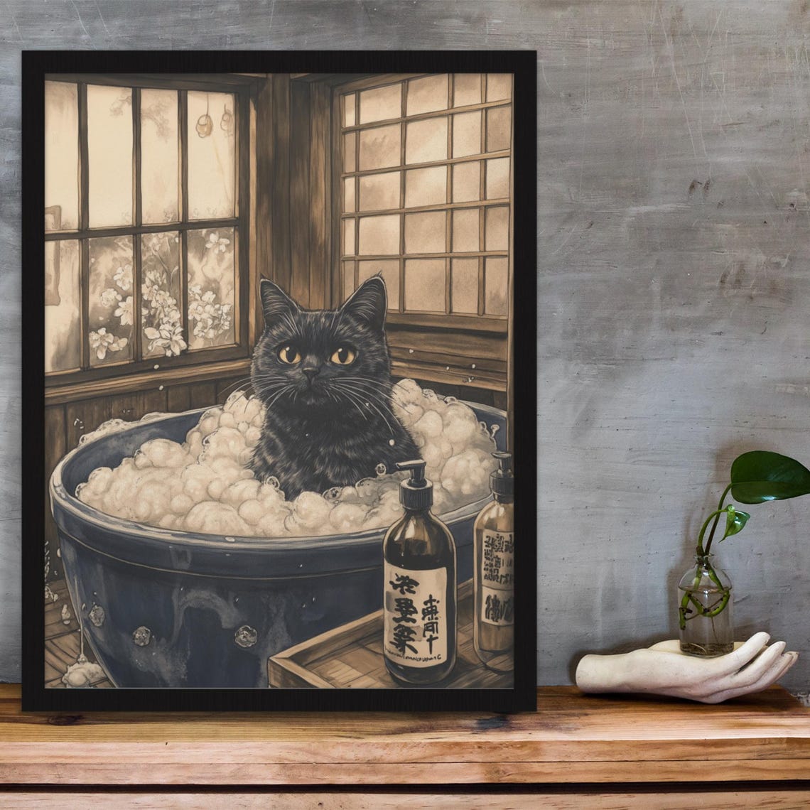 Black Cat In Bubble Bath With Blue Tub And Soap Bottles Poster - Image 3
