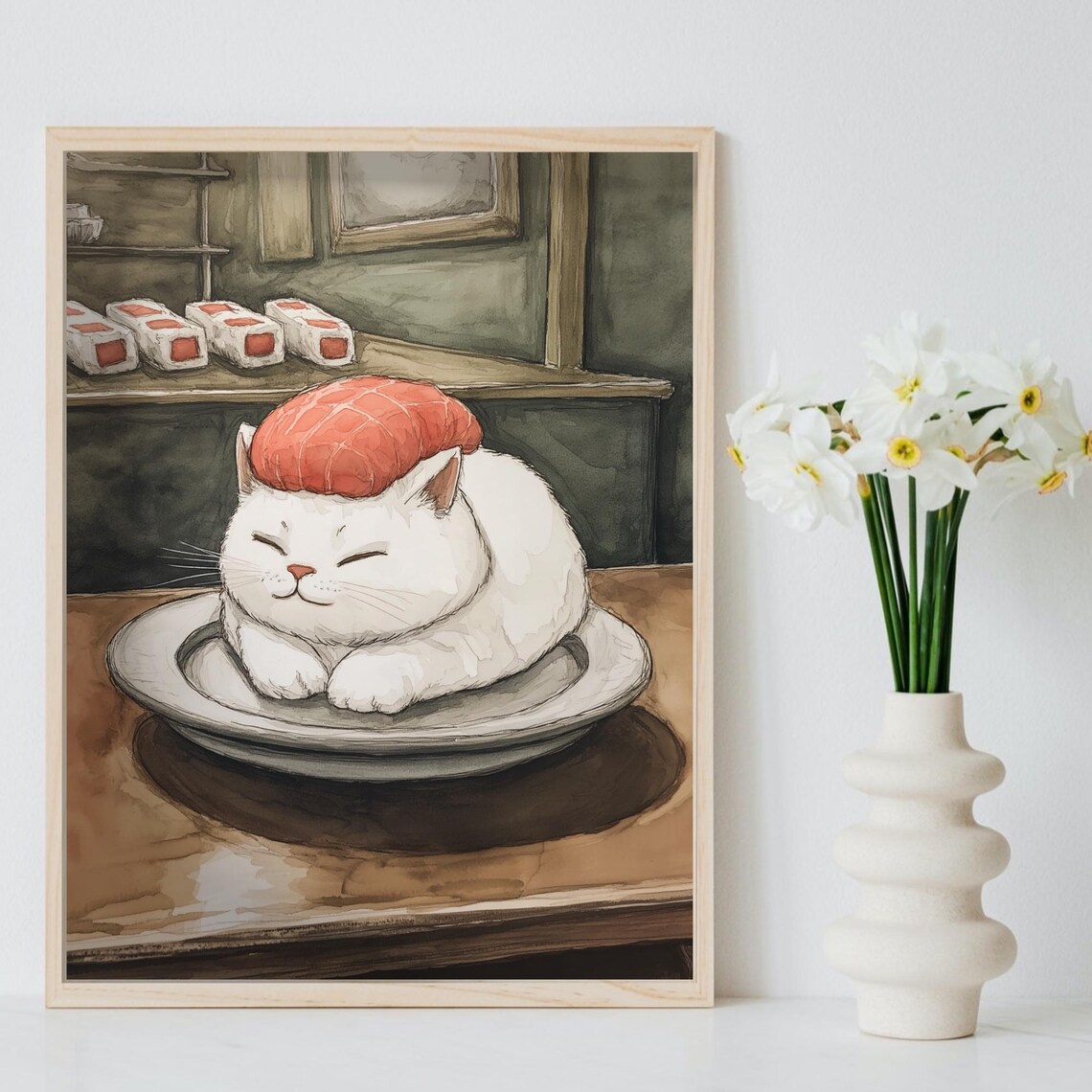 White Cat Curled Up Like Salmon Nigiri Sushi Watercolor Poster - Image 8