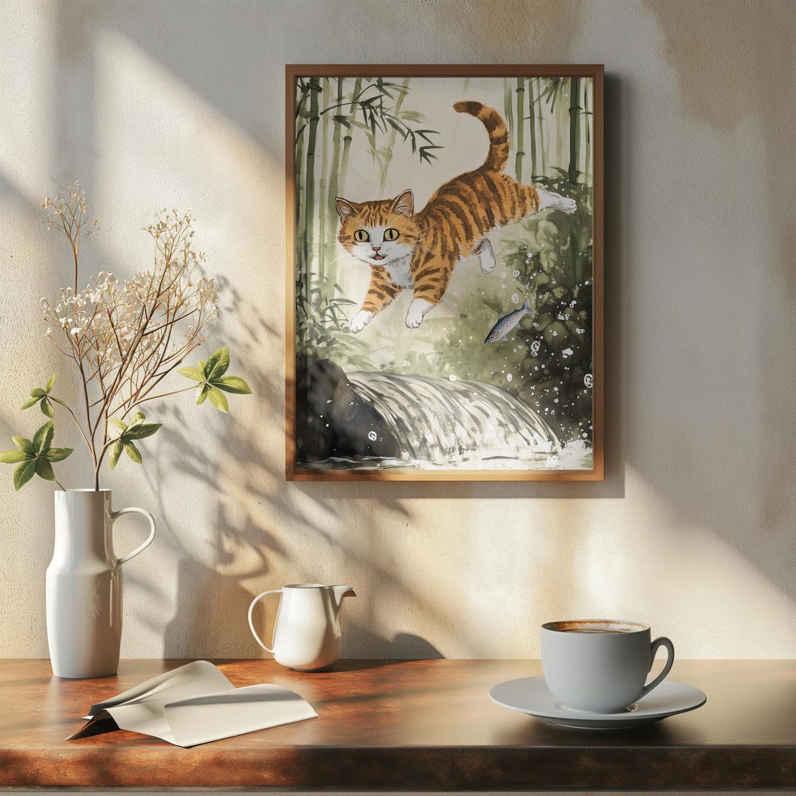 Orange Tabby Cat Leaping Over A Stream In Bamboo Forest Poster - Image 7