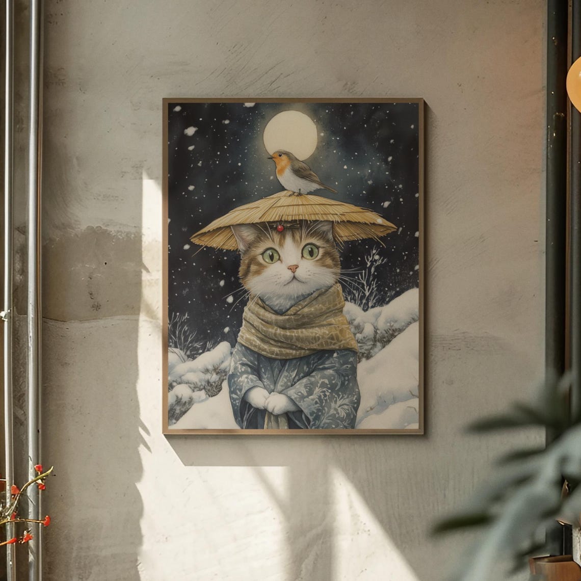 Tabby Cat In Straw Hat With A Robin Perched On A Snowy Night Poster - Image 2