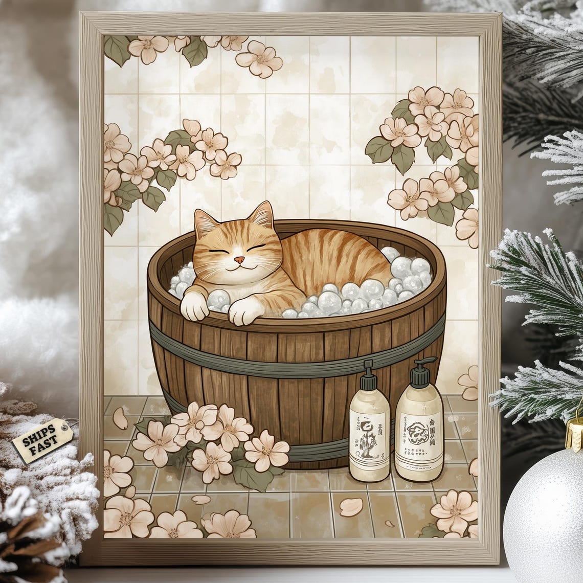 Orange Tabby Cat Relaxing In Wooden Tub Cherry Blossom Poster