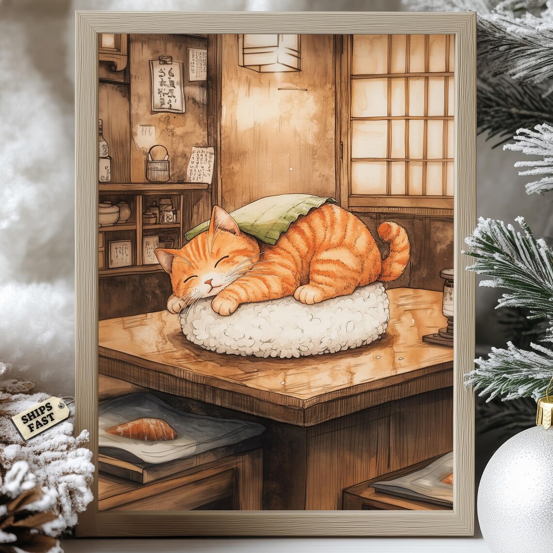 Orange Cat Napping As Nigiri Sushi In A Cozy Sushi Bar Poster