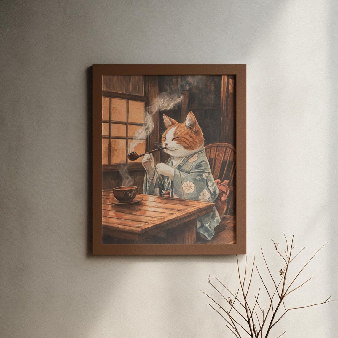 Orange Cat Smoking A Pipe In Floral Kimono At Tearoom Poster - Image 6