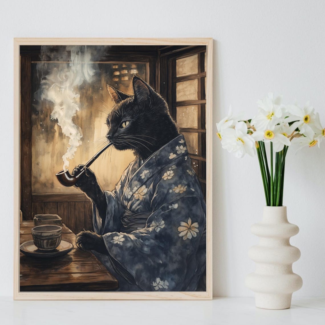 Black Cat Enjoying A Long Pipe In A Dark Floral Kimono Poster - Image 8