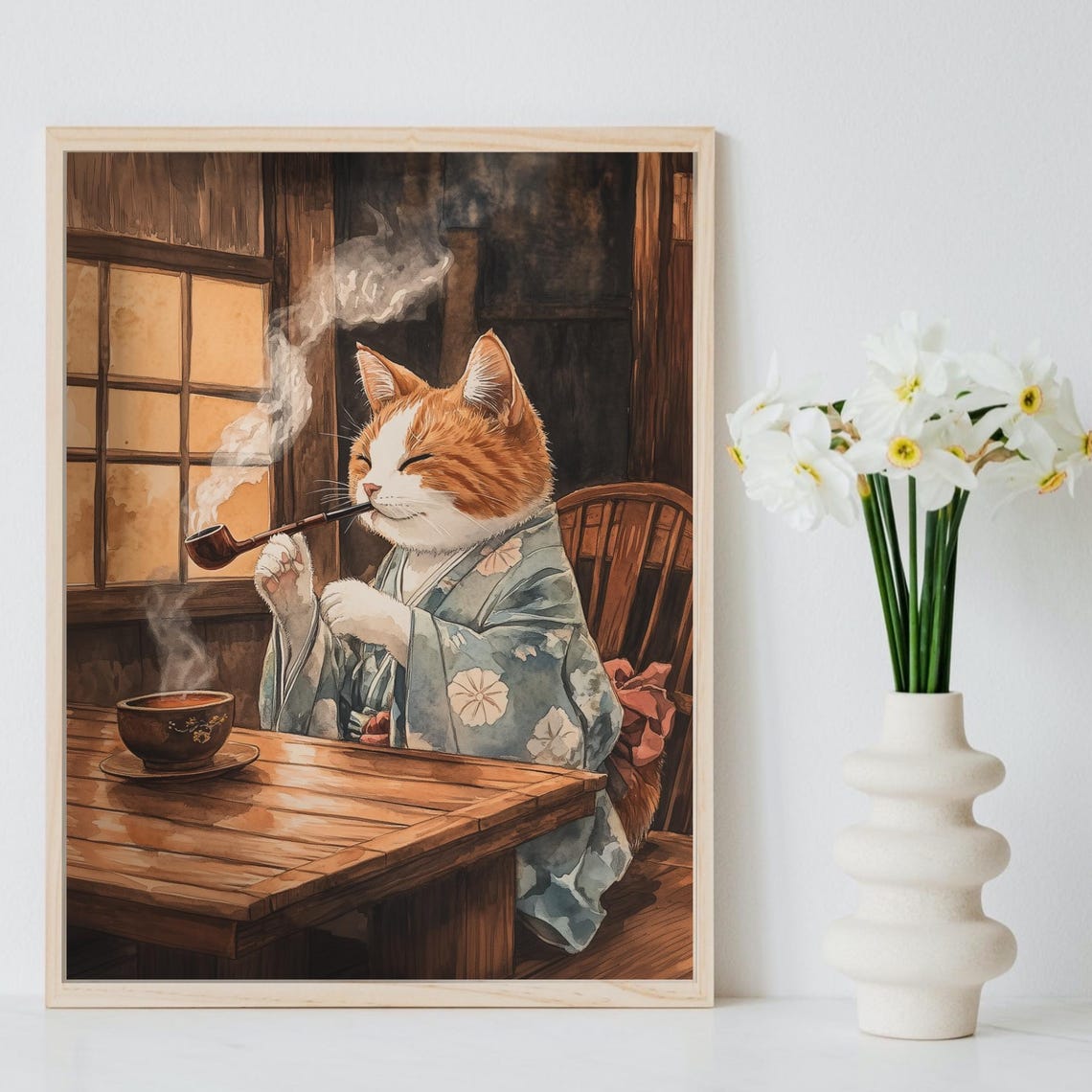 Orange Cat Smoking A Pipe In Floral Kimono At Tearoom Poster - Image 8