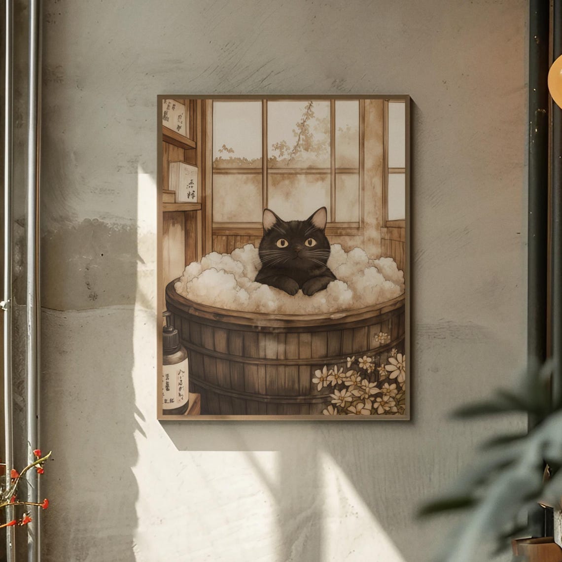 Black Cat Relaxing In Wooden Tub Bubbles Vintage Bath Poster - Image 2
