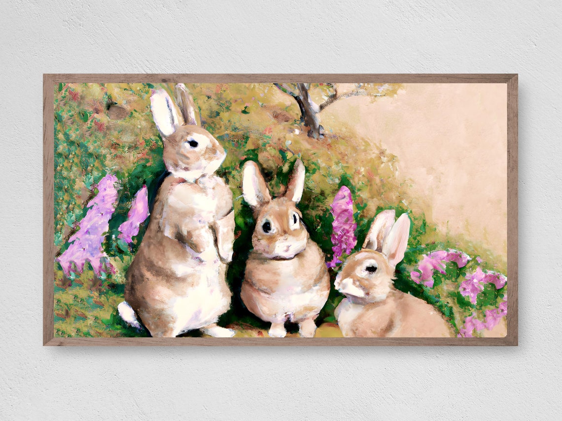 Three Bunnies Among Lilacs Vintage Spring Rabbit Painting Wall Art