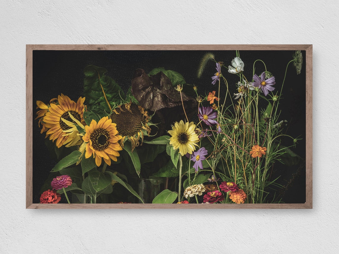 Moody Sunflower Wildflower Bouquet Dark Dramatic Botanical Art Print