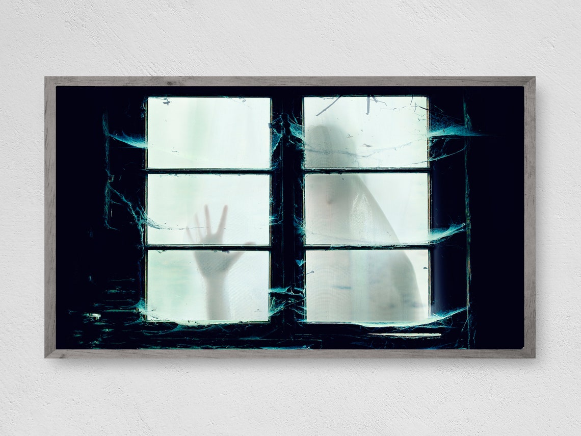 Spooky Ghost Hand on Foggy Window Cobwebs Halloween Wall Art