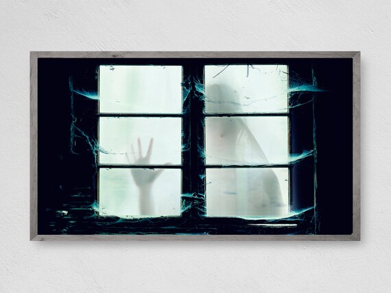 Spooky Ghost Hand on Foggy Window Cobwebs Halloween Wall Art