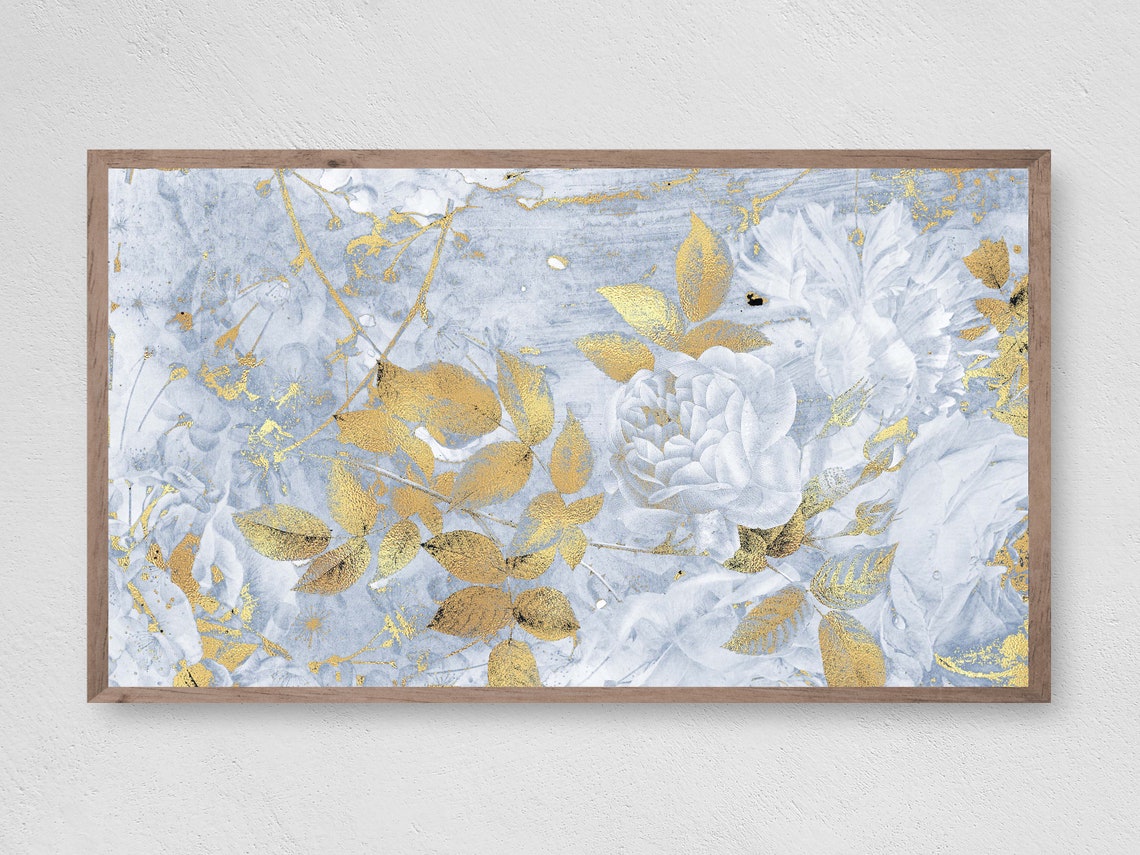 White Roses Gold Leaves Icy Blue Floral Abstract Elegant Wall Art