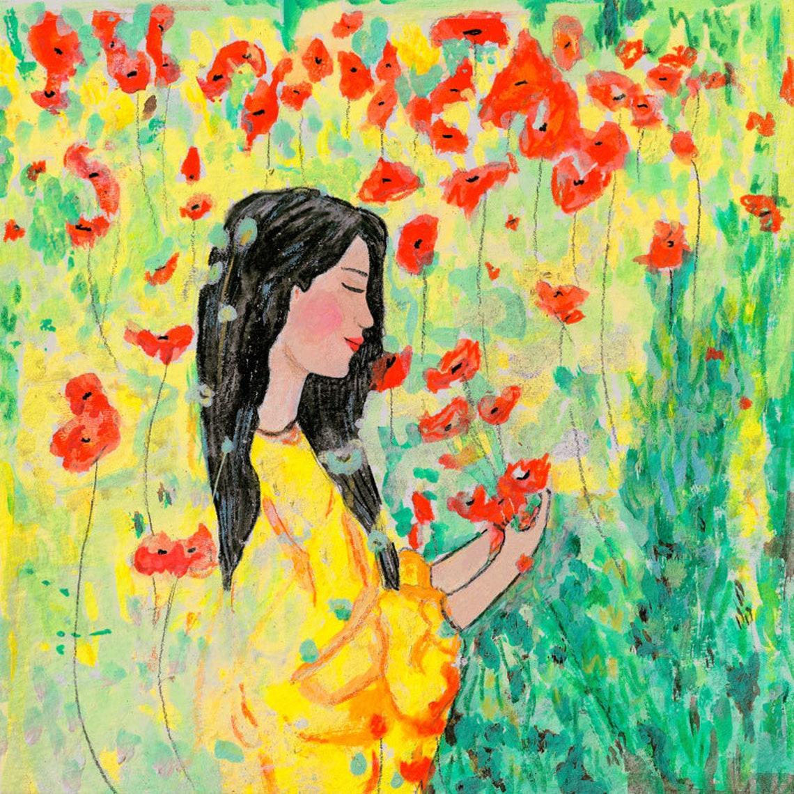 Woman In Poppy Field Mixed Media Portrait Bohemian Girl With Flowers Portrait Art Print Large Art Print Bohemian Serene Art