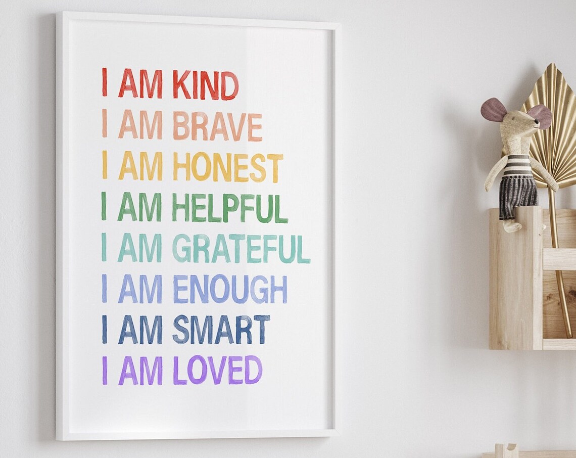 Daily Affirmations Rainbow Poster I Am Kind Brave Smart Loved Art