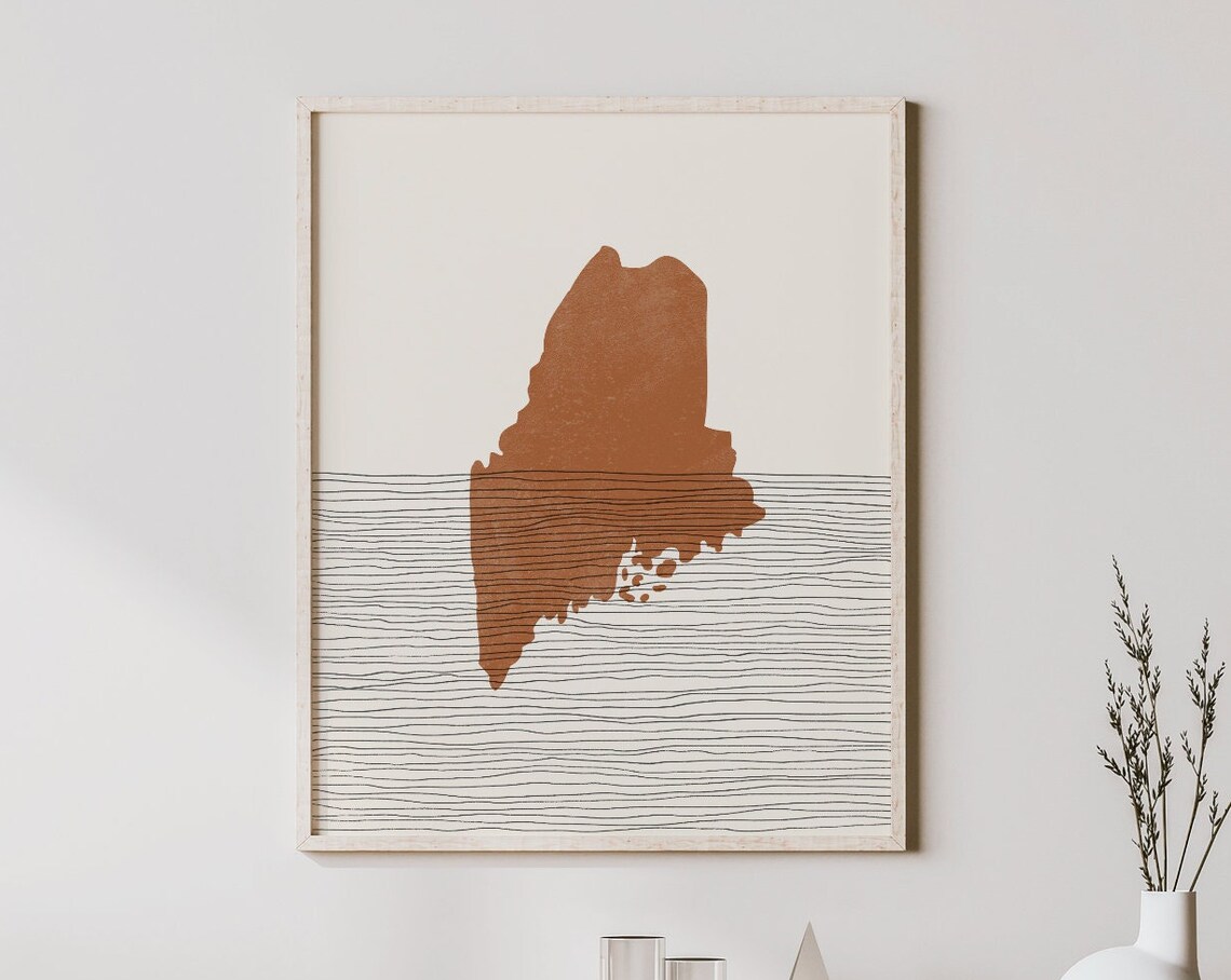 Maine State Map, Boho Mid-Century Travel Poster