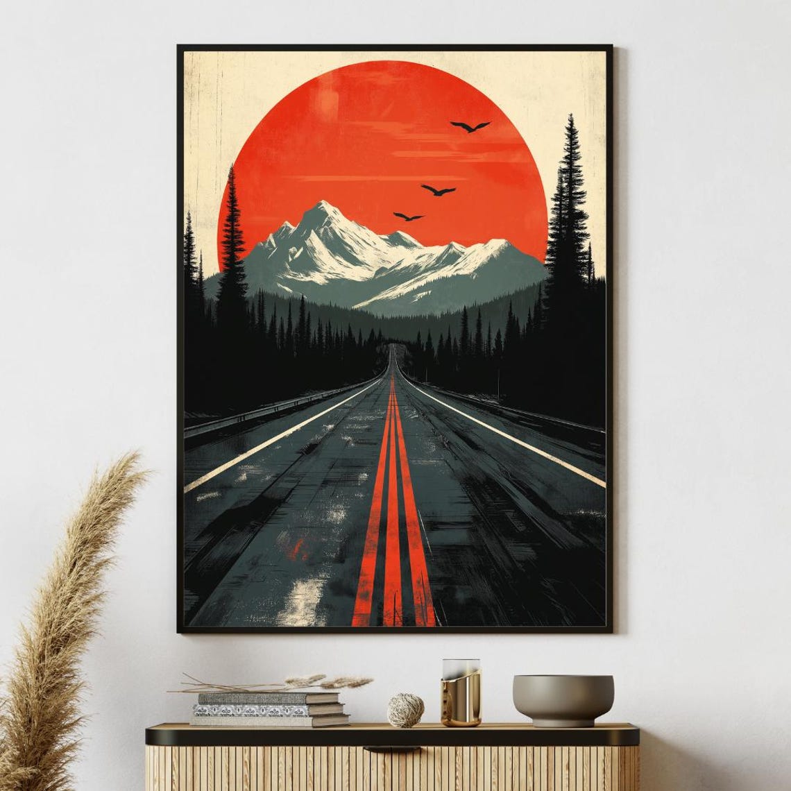 Retro Mountain Highway Sunset Red Sun Vintage Road Trip Poster