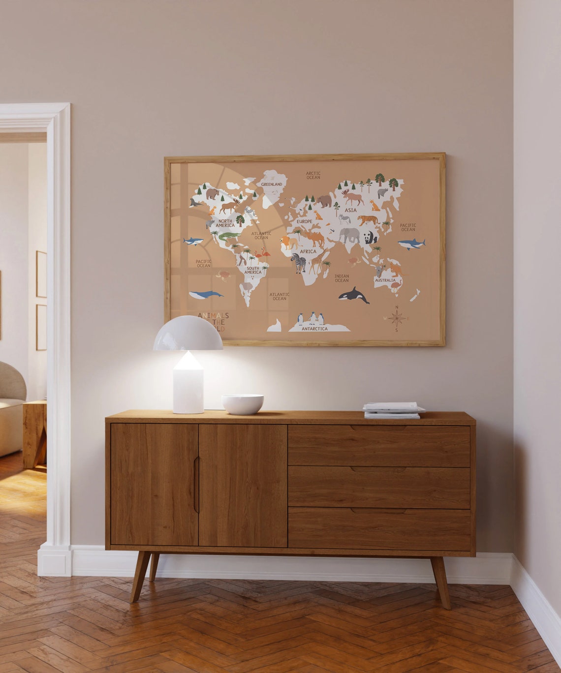 Animals Of The World Caramel Nursery World Map Animal Wall Art - Image 2