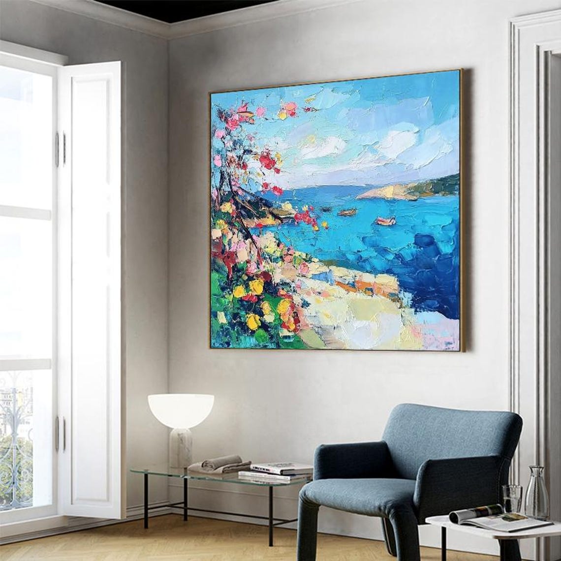 Mediterranean Coast With Blue Sea Flowering Tree Scene Painting Poster - Image 4