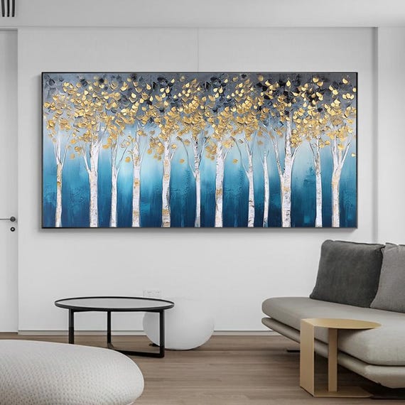 Hand Painted Thick Textured Oil Painting Abstract Birch Trees Art Modern Minimalist Wall Art For Living Room Entryway Dining Room