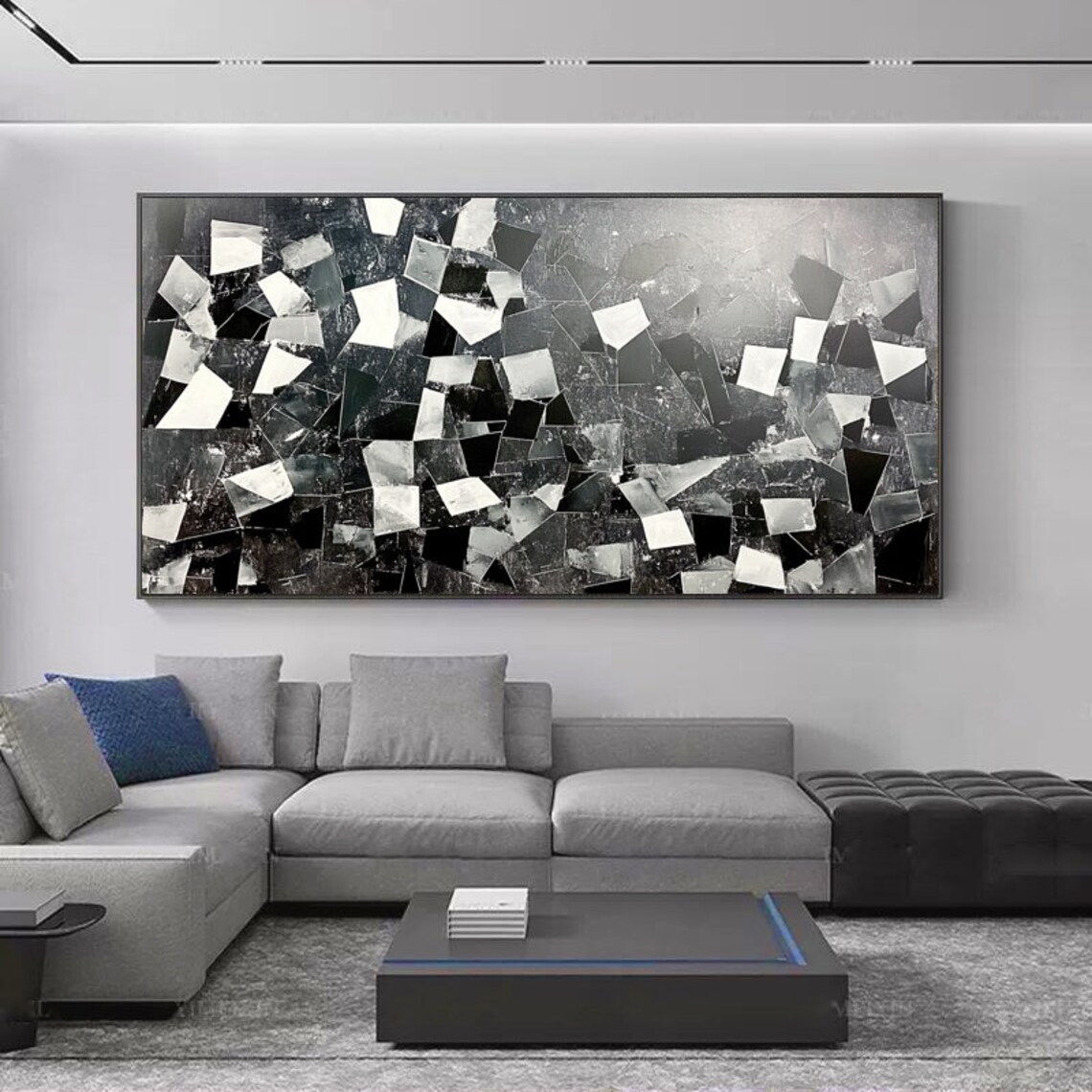 Black White Gray Geometric Abstract Shards Panoramic Modern Art Poster - Image 6