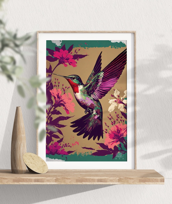 Ruby Throated Hummingbird Poster In Flight Pink Floral Gold Art