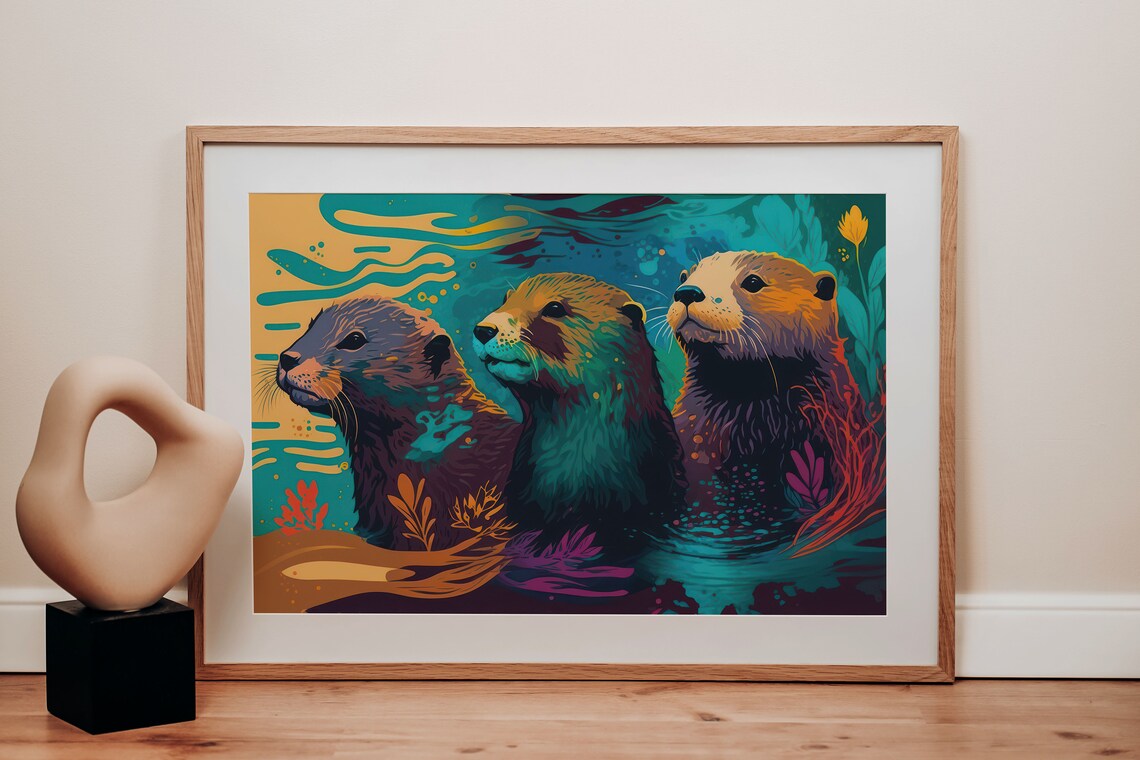 Sea Otters Family Art Print, Wildlife Illustration