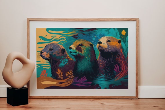 Sea Otters Family Art Print, Wildlife Illustration