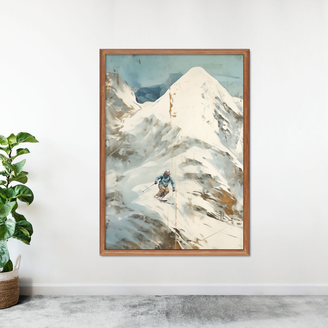 Backcountry Skier Powder Descent Muted Vintage Winter Scene Wall Art
