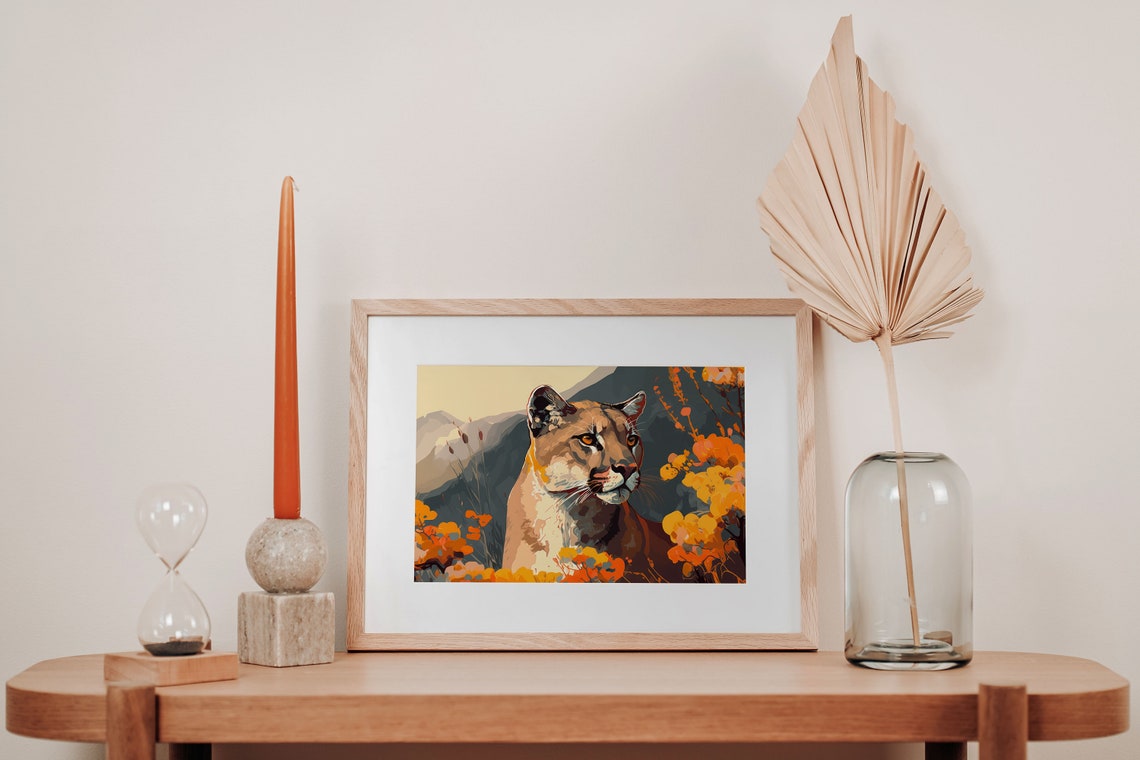 Mountain Lion Orange Wildflowers Mountain View Wildlife Poster - Image 3
