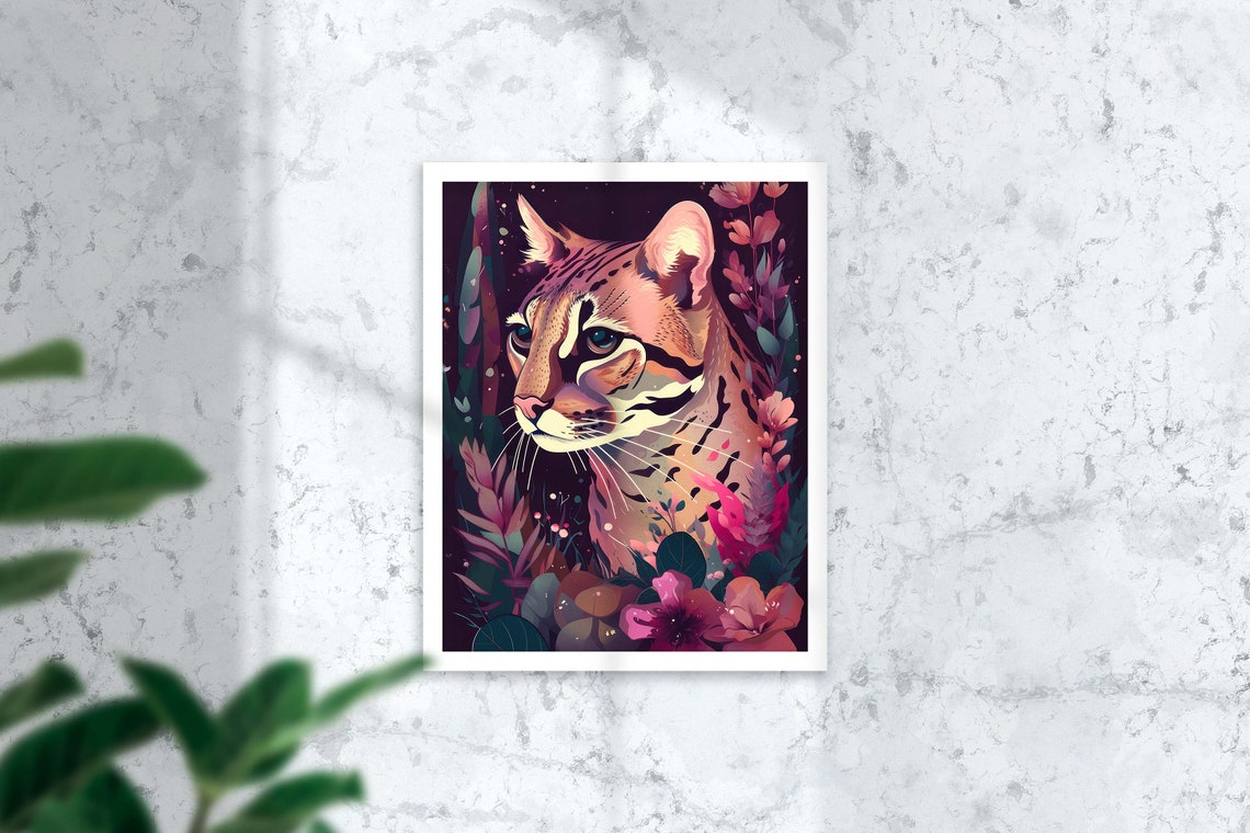 Ocelot Close Up With Neon Jungle Flowers Night Wildlife Poster - Image 3