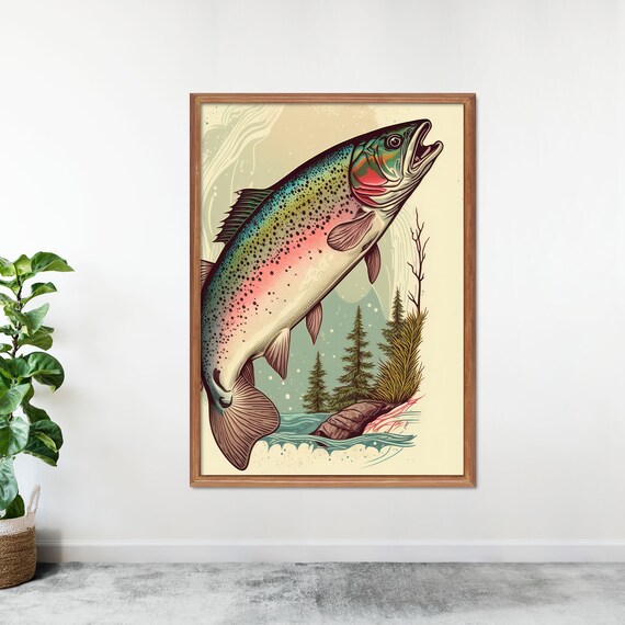 Rainbow Trout Leaping Wild River Pines Vintage Fishing Scene Poster