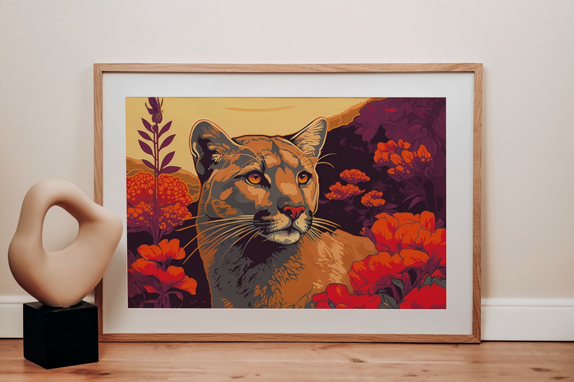 Cougar Portrait Red Poppies Modern Wildlife Illustration Poster