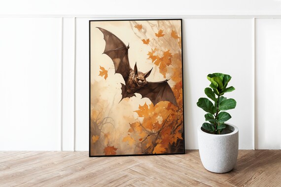 Bat Flying Autumn Leaves Vintage Watercolor Halloween Poster