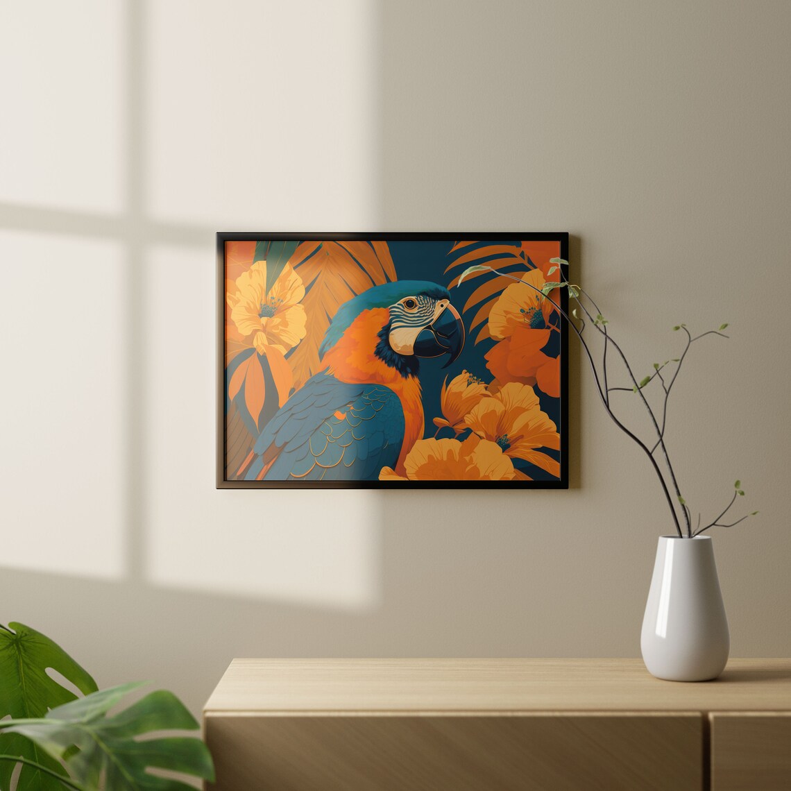 Blue And Gold Macaw Close Up Poster Vibrant Orange Floral Art - Image 2