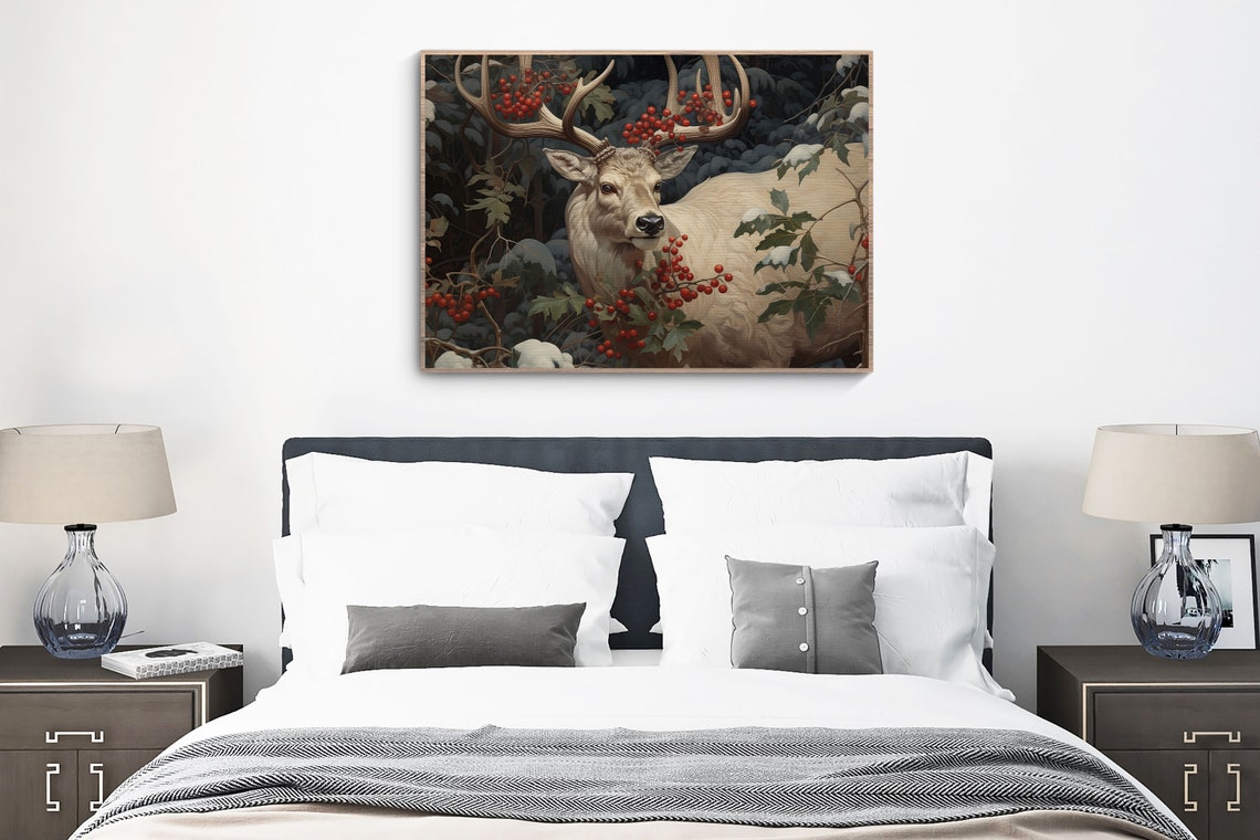 White Reindeer Red Berries Snowy Moonlit Woodland Christmas Poster - Image 3