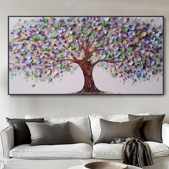 3d Texture Acrylic Abstract Framed Art Wall Decor Purple Tree Wabi Sabi Thick Impasto Palette Knife Modern Home Elegant Living Room