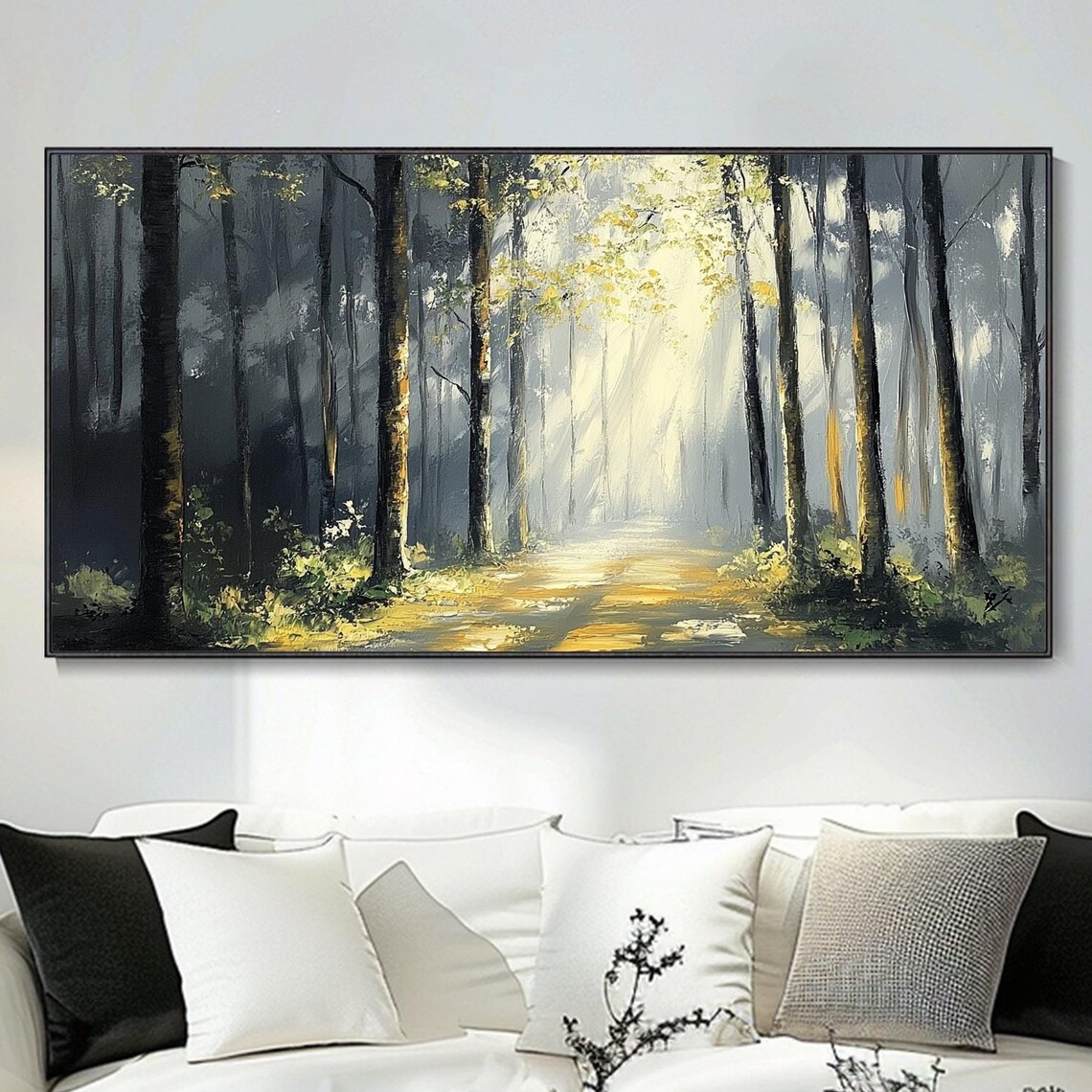 Misty Forest Path Sunbeams Gray Green Moody Landscape Art Poster